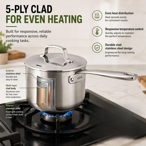 Vista 8 de Alva Maestro - Cacerola de acero inoxidable recubierta de 5 capas con tapa, olla pequeña de 1.5 cuartos de galón, compatible con inducción, apta