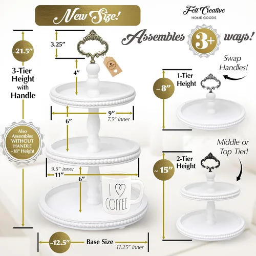 Vista 7 de Bandeja escalonada + mini elevadores con cuentas, soporte de bandeja de madera blanca de 3 niveles y juego de 2 elevadores de pedestal de velas