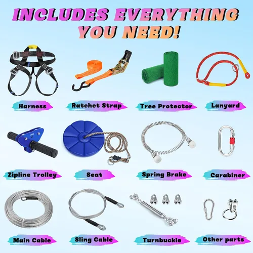 Vista 2 de CTSC Tirolesa para niños y adultos, kits de tirolesa para patio trasero con freno de resorte de acero inoxidable, kit de tensión de cables, arnés