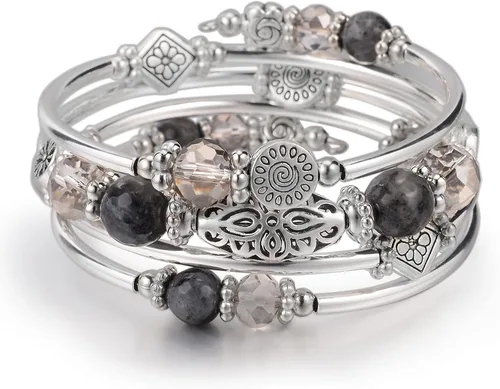 Vista 22 de FULU AUTUMN Pulseras apilables con cuentas para mujer, pulsera bohemia de plata envolvente, joyería de moda en capas, regalos para ella 17-negro