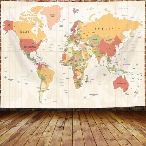 Vista 11 de ICTEISOM Tapiz de mapa del mundo para niños estudiantes, mapa del mundo con países y ciudades principales, tapiz de arte de pared póster tapices