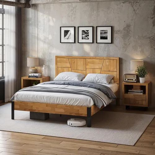 Vista 6 de Estructura de cama Queen en forma de trapecio de Bme – Cama moderna de madera maciza con cabecero de patrón suave, patas de metal negro, acabado