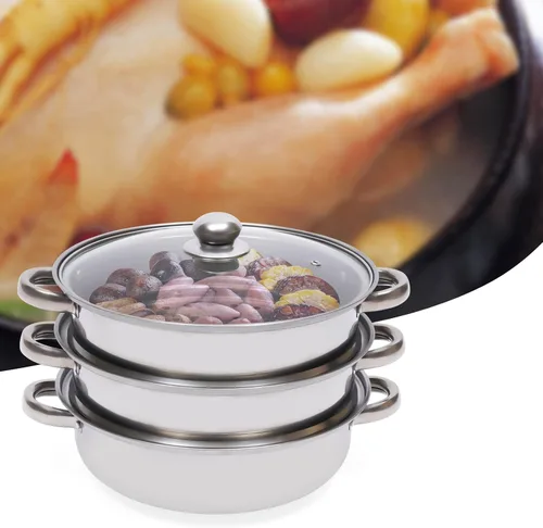 Vista 9 de Vaporizador de 3 niveles de acero inoxidable para cocinar con tapa de vidrio templado para cocinar alimentos al vapor 28cm/11in