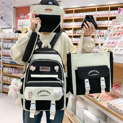 Vista 2 de MIFJNF Mochila kawaii de 5 piezas para la escuela, mochila estética kawaii, suministros escolares Kawaii, conjunto de mochila con accesorios, Negro