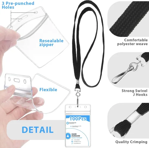 Vista 2 de 100 juegos de cordón con soporte para identificación, cordón plano a granel con insignia retráctil, de plástico, impermeable, soporte para insignia