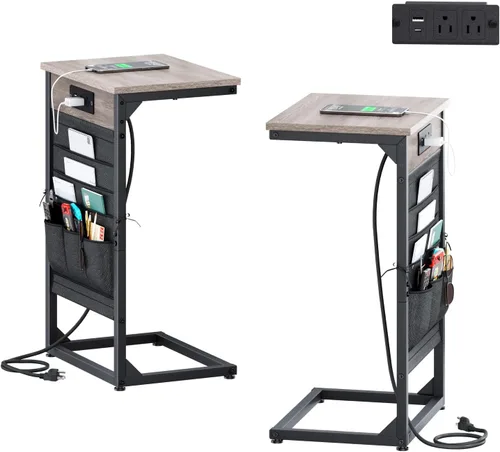 Vista 8 de Mesa auxiliar en forma de C con estación de carga rápida, mesa lateral pequeña para sofá con bolsa de almacenamiento, bandeja de TV para sofá