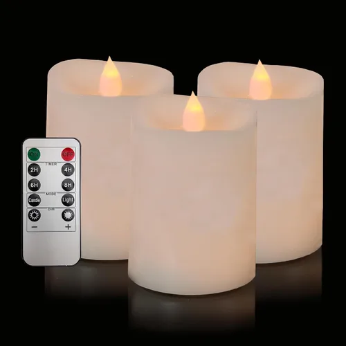 Vista 10 de Juego de velas parpadeantes sin llama de 3 x 3 pulgadas de cera real LED de 600 horas con temporizador remoto, control para fiesta de boda en Marfil