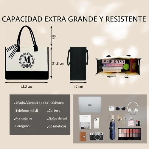 Vista 3 de BeeGreen - Bolsa de mano con monograma bordado inicial para mujer, profesora, mamá, amiga, regalo personalizado para cumpleaños, playa, boda