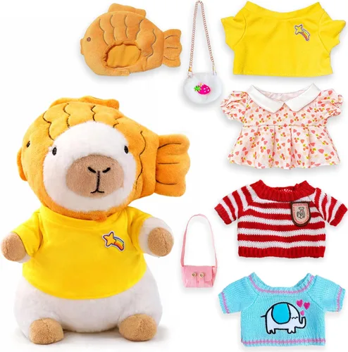 Vista 10 de Capybara - Juguete de peluche con 7 piezas de ropa y accesorios, lindo animal de peluche Capybara con trajes (marrón)