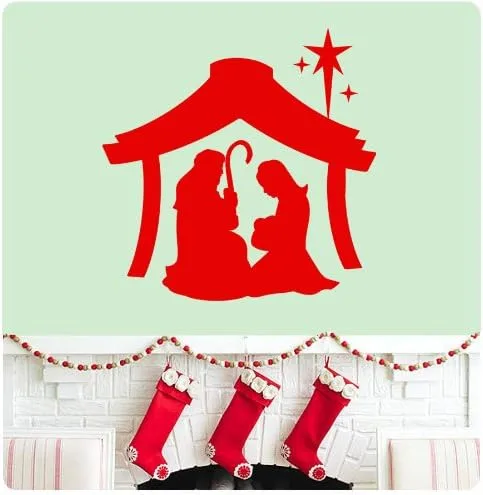 Vista 3 de Calcomanía de pared con diseño de belén de Joseph Mary Jesus, Feliz Navidad, Temporadas Saludos, Felices Fiestas, Signo de Santa Jesús, opciones