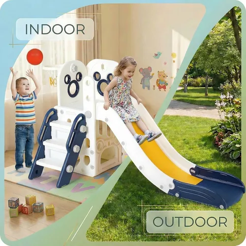 Vista 8 de Arlopu Juego de tobogán 6 en 1 para niños pequeños, tobogán resistente para niños con aro de baloncesto y telescopio, pasos antideslizantes, juego