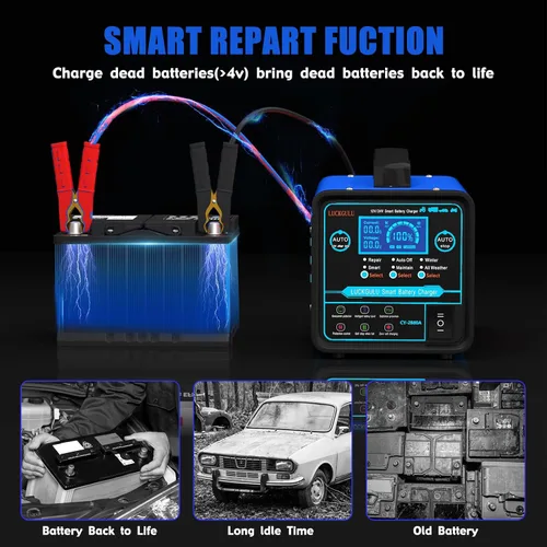 Vista 4 de Cargadores de batería de coche de 12 V/24 V resistentes, mantenedor de batería automático de 15 A con apagado automático, reparación, modo