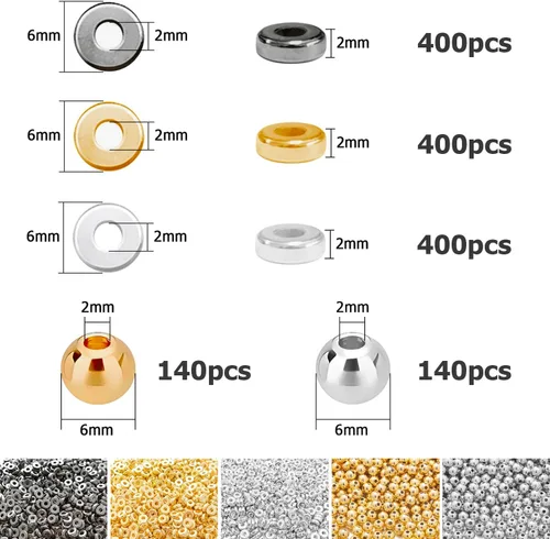 Vista 2 de 6 mm de cuentas espaciadoras planas redondas, 1480 piezas (280 redondas) - Oro, Plata, Negro - Plástico recubierto de cobre - Kit de fabricación