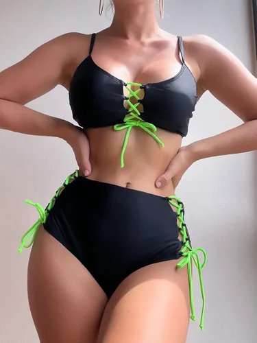 Vista 5 de Cozyease Traje de baño liso de 2 piezas para mujer, conjunto de bikini de cintura alta con cordones