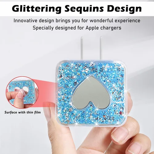 Vista 3 de Bling - Protector de cable para Apple iPhone con espejo, bonito diseño de corazón de amor, funda USB para línea de datos, protector de cargador