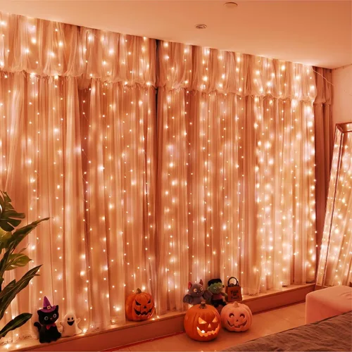 Vista 22 de HXWEIYE - Tira de 300 luces LED, cortina de guirnaldas navideñas con enchufe USB, 8 modos, control remoto para decoración de pared, fondo de Rojo
