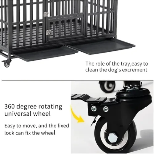 Vista 5 de Heavy-Duty Metal Dog Crate for Large Dogs – Sturdy, Ventilated Kennel with Secure Double-Latch Door and Smooth-Rolling Lockable Wheels (52 inch)