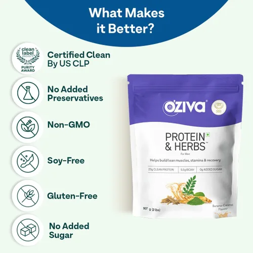 Vista 7 de OZIVA Proteína y hierbas para hombres, proteína de caramelo de plátano en polvo para hombres para construcción muscular, recuperación y mejor
