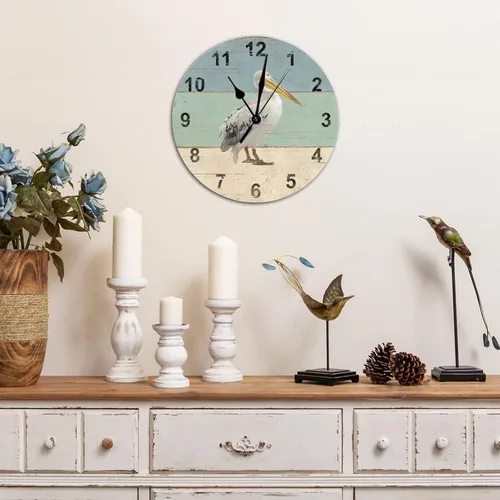 Vista 3 de Reloj de pared redondo de madera de estilo chic con números arábigos de pelícano retro, funciona con pilas, reloj de pared silencioso sin tictac