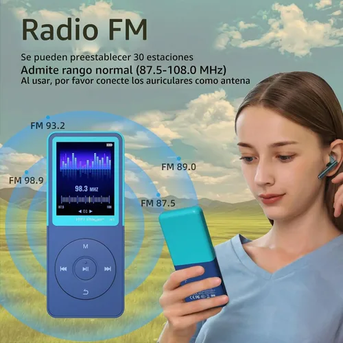Vista 6 de Reproductor de MP3 con Bluetooth 5.3, pantalla de 1.8", reproductor Azul