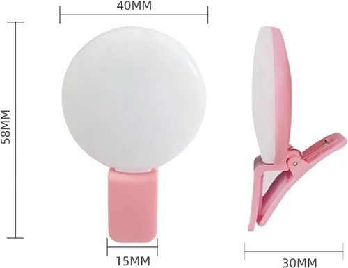 Vista 7 de Luz LED para selfie con clip, 3 niveles de luz ajustable, iluminación flash USB recargable para selfies, grabación de video, maquillaje rosa
