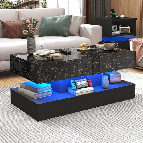 Vista 7 de chartustriable Mesa de Centro Grande de 39.4" con Tapa Elevable y Estación de Carga, Mesa Central LED Moderna de Alto Brillo con Compartimento