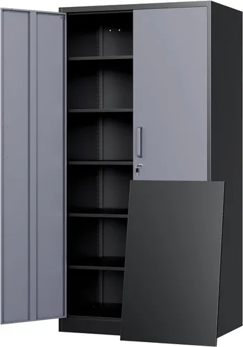 Vista 10 de Yizosh Armario de almacenamiento de metal para garaje con 2 puertas y 5 estantes ajustables, gabinete de archivo de acero con cerradura de 71