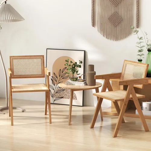 Vista 9 de Giantex Juego de 2 sillas de comedor de caña bohemia, carga máxima de 330 libras, sillas de comedor de madera, sillón de bambú para sala de estar