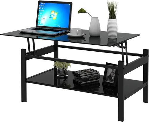 Vista 5 de Mesa de centro de cristal negro para sala de estar, mesa de cóctel Mordern de 2 capas con almacenamiento rectangular de vidrio templado, patas