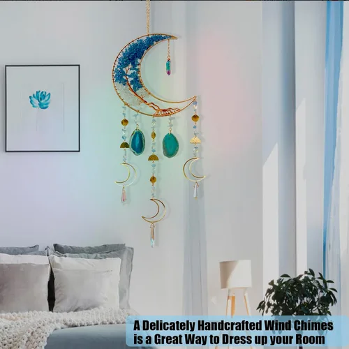 Vista 6 de Campanillas de viento de luna con árbol de cristal hecho a mano para decoración de pared del hogar, decoración de pared de dormitorio, decoración