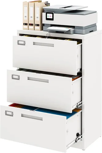 Vista 25 de Archivador de metal con 2 cajones con cerradura, gabinete archivador con soporte para impresora móvil y estantes para archivos de tamaño Negro