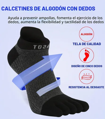 Vista 4 de Fasot Calcetines con dedos para hombre, corte bajo, deportivos, transpirables, de algodón, 5 dedos, punta dividida, paquete de 6 4 Negro