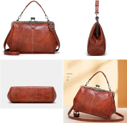 Vista 7 de Segater Bolso retro hueco de cuero PU de cera de aceite para mujer, bolso cruzado con bloqueo de beso, bolso de mensajero vintage