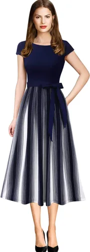 Vista 2 de VFSHOW Elegante vestido midi acampanado con bolsillos de retazos y cinturón, plisado, para trabajo, oficina, negocios, fiesta, acampanado, para mujer