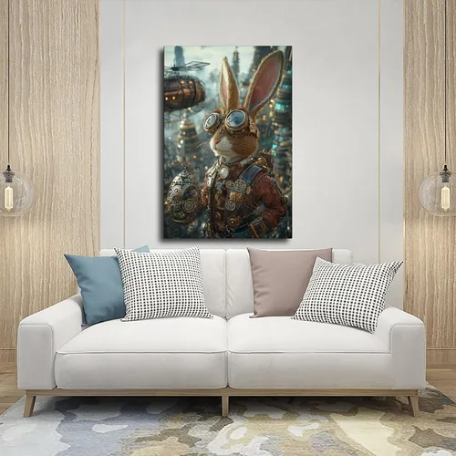 Vista 5 de Steampunk - Arte de pared de Pascua – Conejito futurista retro y huevo mecánico – Póster de fantasía industrial Steam City – Decoración única