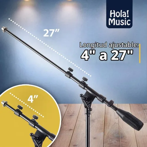Vista 3 de Soporte de micrófono Hola! Music con altura ajustable para uso en hogar, estudio, oficina o escenario – Bajo perfil (bombo)