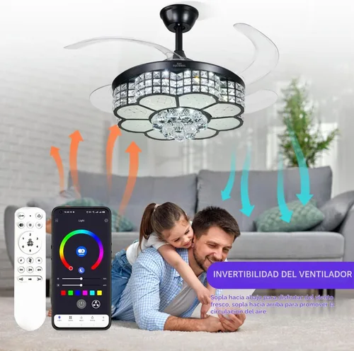 Vista 7 de BAYSQUIRREL Ventilador de techo retráctil de cristal con luz, ventiladores de techo Bluetooth con altavoz y control remoto/APP, 6 velocidades, aspas