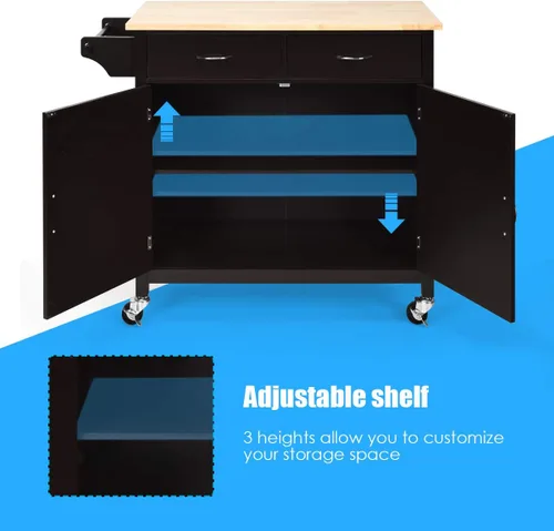 Vista 5 de Giantex Isla de cocina, carrito de cocina rodante, encimera de madera, carrito de servicio utilitario con armario de almacenamiento y 2 toalleros