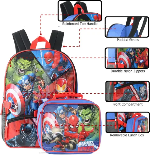 Vista 7 de Marvel Mochila Avengers con bolsa de almuerzo desmontable aislada (talla única, héroes)