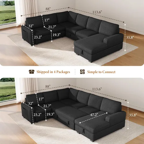 Vista 2 de Vesgantti Sofá Seccional Modular de 113.6" con Sofá Cama Extraíble, Sofá Cama en Forma de U de 7 Plazas con Chaise de Almacenamiento, Sofá Seccional