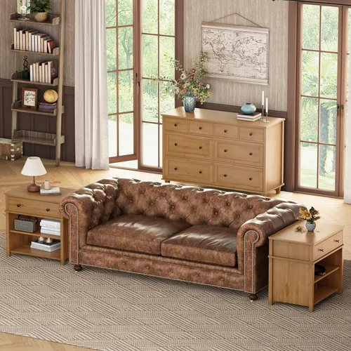 Vista 3 de Cómoda de madera con 8 cajones de 56.3 pulgadas de ancho, cómoda de almacenamiento grande para dormitorio, sala de estar, pasillo, entrada Roble