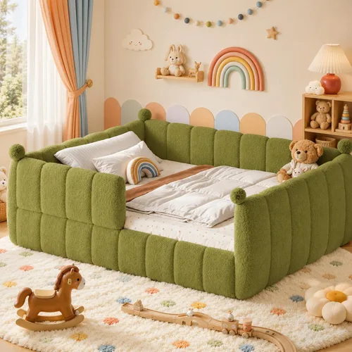 Vista 23 de Cama de suelo tapizada con valla, cama de piso tamaño individual con Beige
