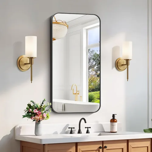 Vista 35 de FORBATH - Espejo de baño negro para sobre lavabo, espejo de pared de 16x24 pulgadas con marco de metal, esquinas redondeadas para baño, dormitorio