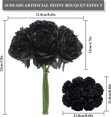 Vista 4 de U'Artlines 10 cabezas de peonías artificiales de seda, hojas y flores para decoración del hogar, oficina, bodas, fiestas, festivales y bares (negro)
