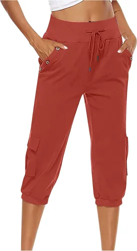 Vista 2 de SMIDOW Womens Capri Pants Plus Size Cotton Linen Work Pants Drawstring Elastic Waist Tapered Pants Pull-on Pants