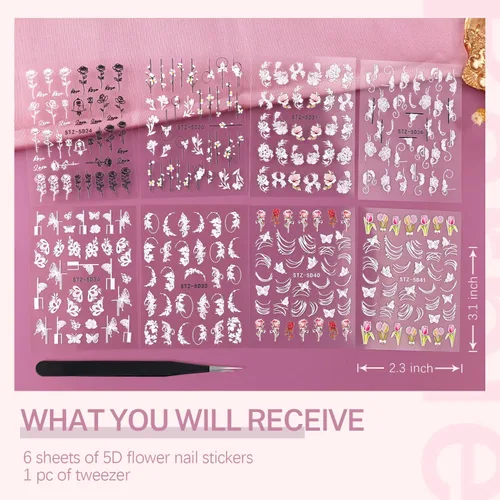 Vista 2 de 8 hojas de calcomanías de arte de uñas con flores 5D, calcomanías de uñas en relieve con pinzas, pegatinas autoadhesivas, uñas rosas y blancas