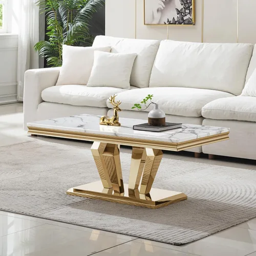 Vista 34 de Mesa de centro de 47 pulgadas de mármol negro con base en forma de U de acero inoxidable espejado, mesa central de parte superior rectangular