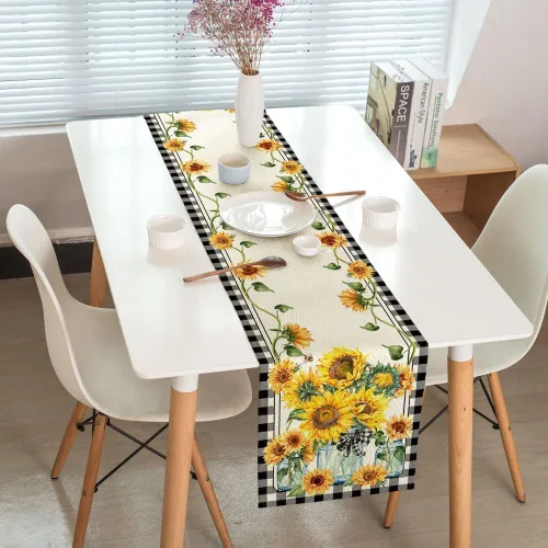 Vista 2 de Camino de mesa de girasol, camino de mesa de otoño a cuadros para comedor, cocina, sala de estar, vacaciones y decoración de mesa de fiesta, 13 x 72