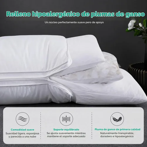 Vista 6 de Three Geese Almohada de plumas de ganso de capa ajustable, almohada de cama ensamblable, funda 100% algodón orgánico suave, buena para dormir boca