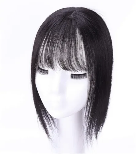 Vista 4 de LXUE Piezas de cabello realistas con flequillo, cabello humano real con clip para mujeres con pérdida de cabello, 8 pulgadas, marrón oscuro